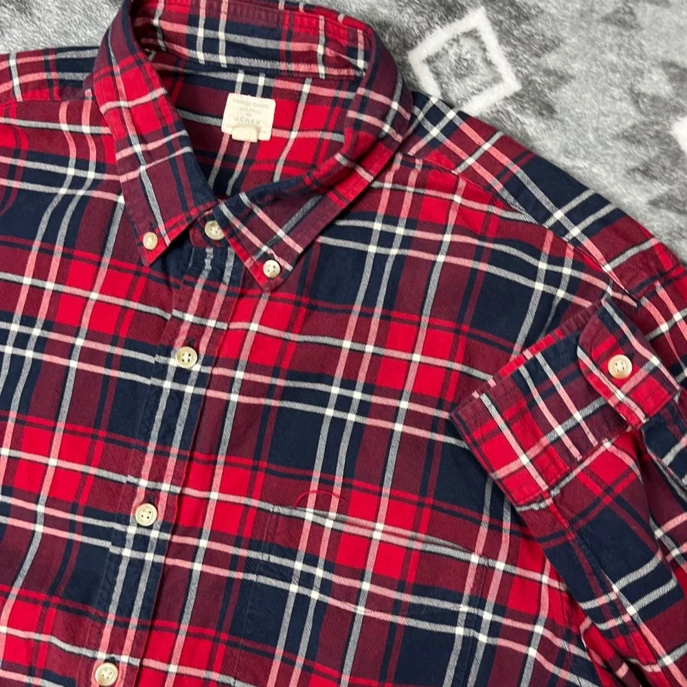 J.Crew Vintage Oxford Plaid Shirt Red Navy White Tailored Mens Large L